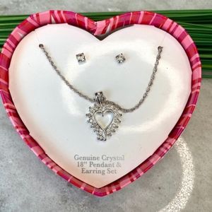 Gorgeous Heart Necklace Earrings Set Crystal Silver Jewelry 18"-20"Chain NEW NWT